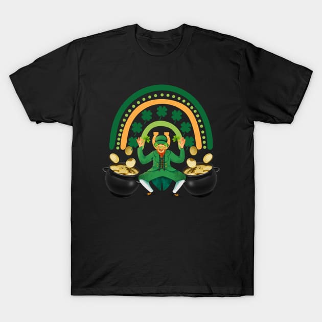 Leprechaun Irish Man with gold, rainbow and cool glasses with clover. Enjoy St. Patrick's Day! T-Shirt by UnCoverDesign